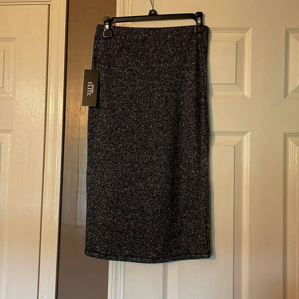 Sparkly dark grey/black pencil skirt with side split - elastic waistband